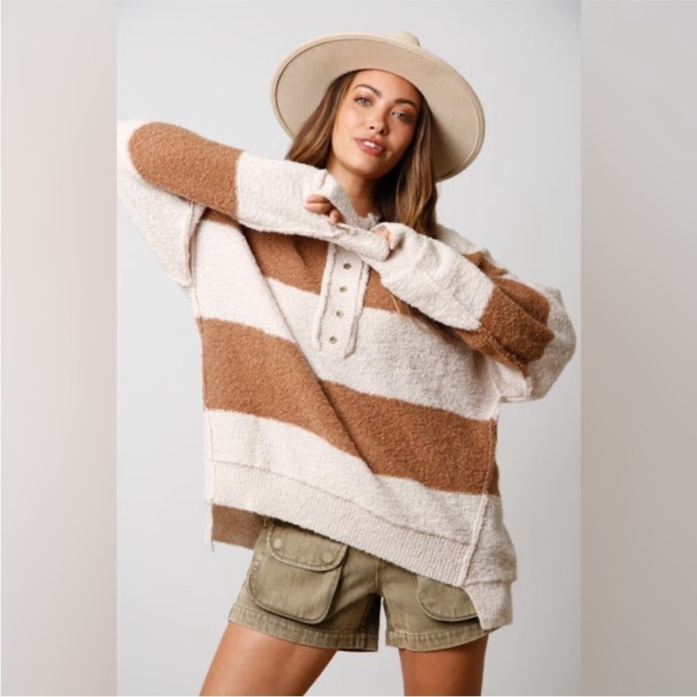 Fantastic Fawn Oversized Striped Sweater Cream Brown Button Henley Sweater